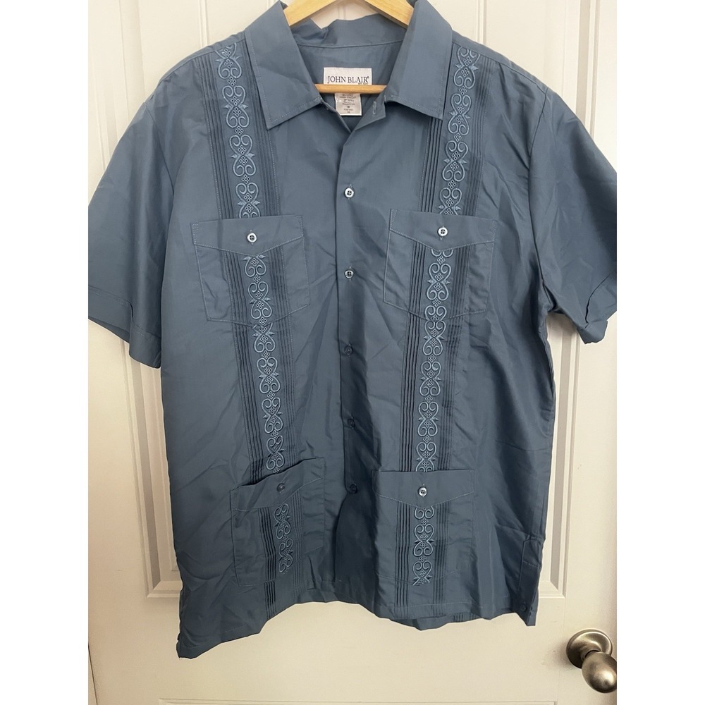 VTG John Blair Men's M Short Sleeve Button Shirt Blue Bowling 4 Pockets 683